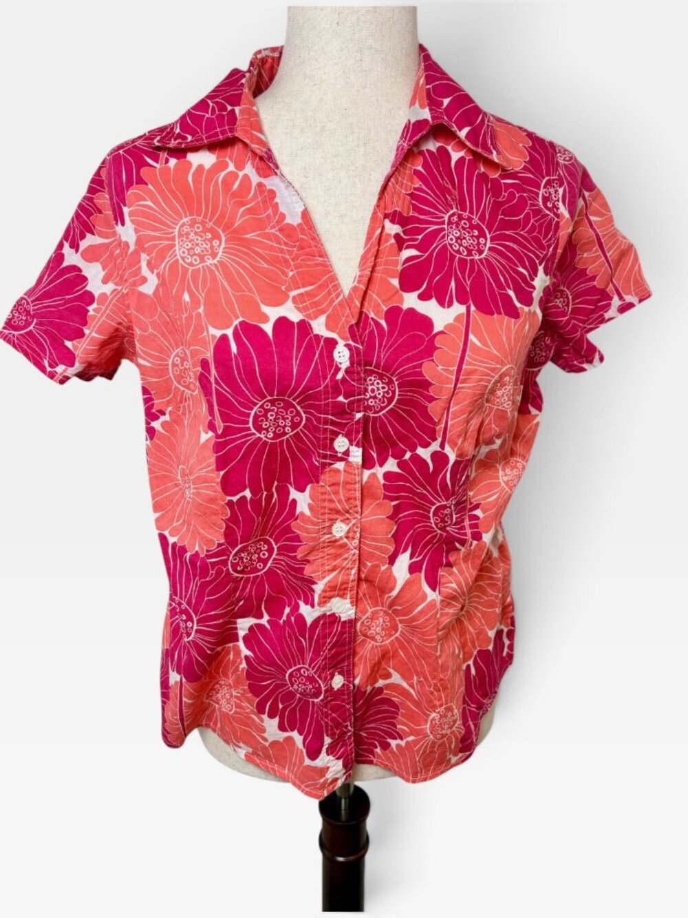 Vintage Lemon Grass Studio Pink Coral Floral Cotton Button Down Shirt Medium